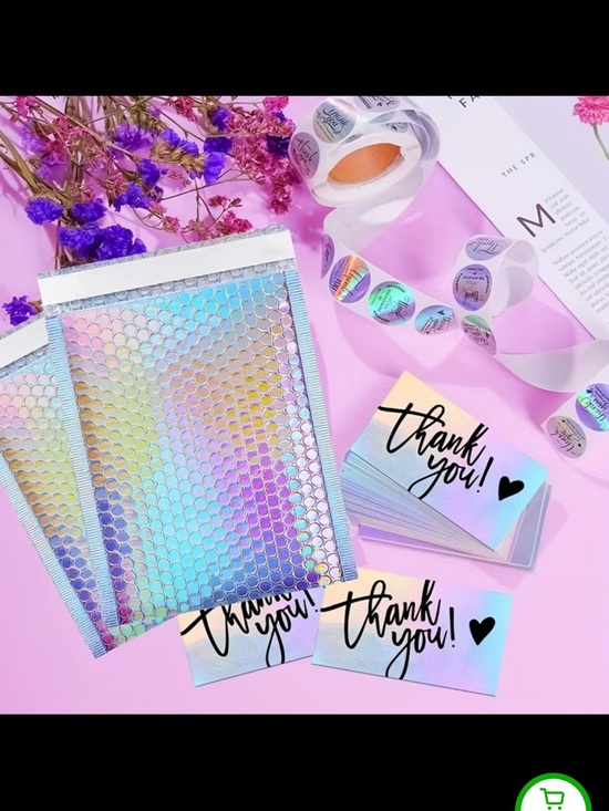 560 pieces  Holographic Bubble Mailers with Thank You Stickers & Cards NEW - Picture 4 of 5